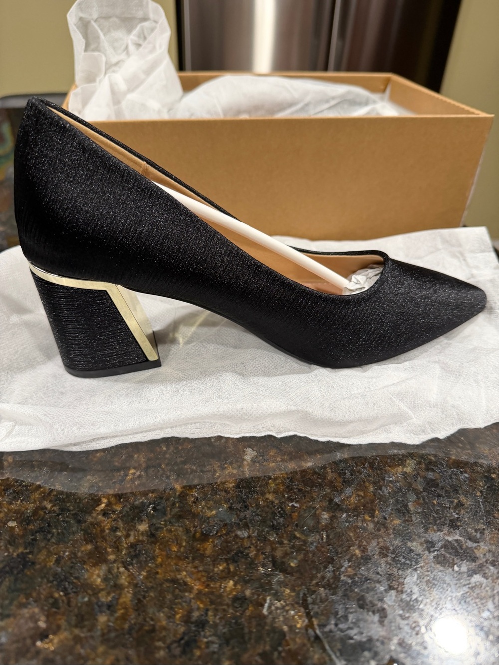 SHEIN Black Pointed Block-Heel Pump with Gold Trim